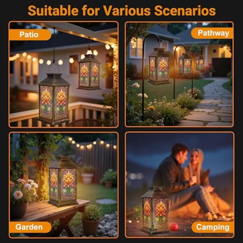 Stained Glass Style Solar Lantern Outdoor Garden Hanging Lantern Colorful Sunflower Stained Glass Lavender Green Waterproof Solar Powered Lighting Outside Table Lamp for Patio Deck Yard Camping - Image 5