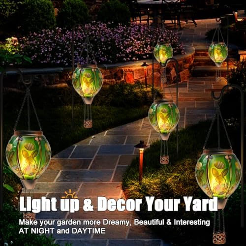 Easter Hot Air Balloon Solar Lantern - Bunny Stained Glass Lantern, Simulated Flickering & Dancing Flame, Outdoor Hanging Yard Light Waterproof IP65 for Patio Lawn Porch Decor Rabbit Gift - Image 5