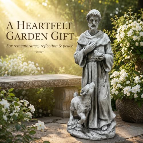 25.39 Inch St Francis Garden Statue With Lamb And Bird, Large Yard Statues - Image 7