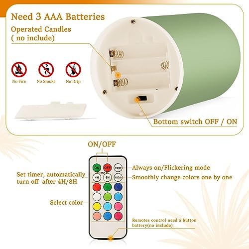 YETTASBIN Sage Green Color Flameless Candles with Remote Control and Timer, Adjustable Brightness Long Lasting Battery Operated LED Pillar Candles for Indoor Outdoor Party Holiday Home Decor, 2 Pack - Image 4