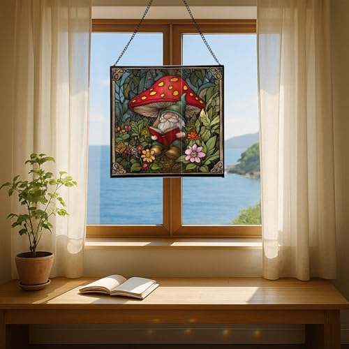 Gnome in Mushroom Hollow Stained Glass Suncatcher – Square Hanging Window Panel for Home or Greenhouse – Whimsical Glass Art Gift for Garden Lovers, Christmas, Halloween, Father Days FpWUpN - Image 6