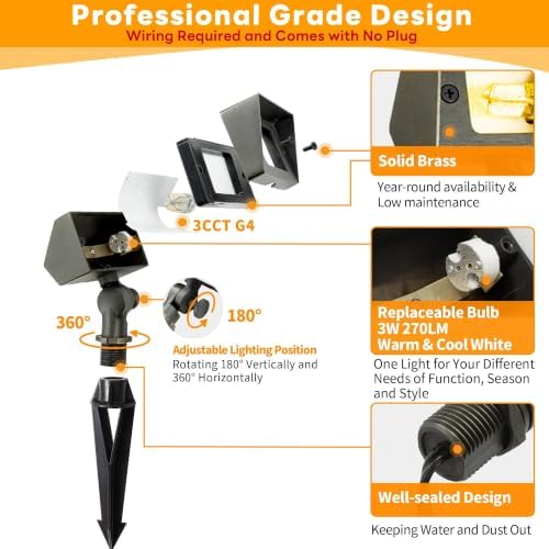 Gardenreet Low Voltage Wall Wash Lights - 12V Solid Brass LED Flood Lights Outdoor, Landscape Wired Waterproof, Bronze Wide Angle Lighting for Tree Garden Patio with 2700K 3W 270LM G4 Bulb 10 Pack - Image 6