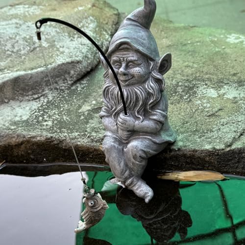 Garden Gnome Pond Statue Decoration, Fishing Gnome Garden Statue Outdoor Koi Pond or Waterfall Decor, 9.7" Stone Gnome Fishing Poolside Statue, Elf Pond Statue, Great Gifts & Housewarming for Mom - Image 5