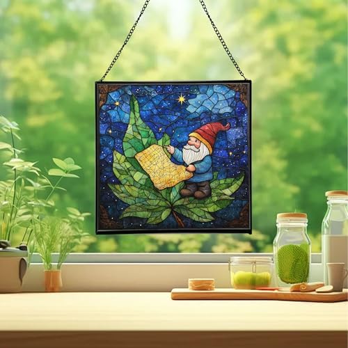 Gnome with Night Sky map Stained Glass Suncatcher – Square Hanging Window Panel for Home, Garden, Nursery, Halloween, Christmas, Memorial Day – Whimsical Glass Art Gift for Gnome Lovers cg43hu - Image 2
