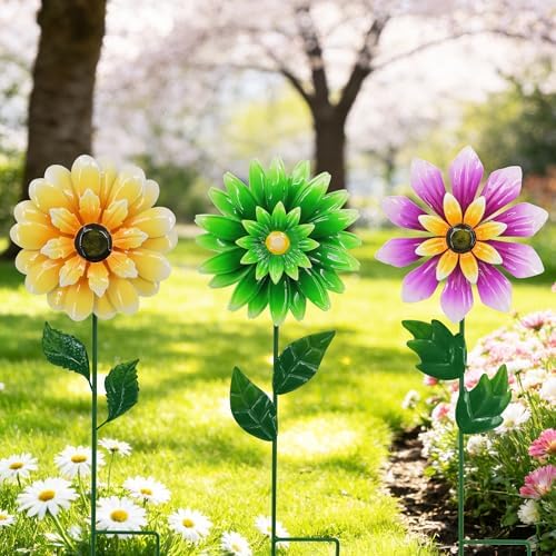 3 Pack Metal Flower Wind Spinner 18in Garden Stake Kinetic Yard Art - Image 2