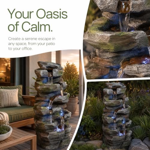 Outdoor Water Fountain with White LED Lights, 23.6" Stacked Rock Cascading Water Feature, Freestanding Garden Fountain for Patio, Backyard, Balcony, Deck, Porch, Housewarming Gift - Image 2