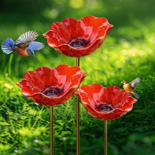 Metal Flower Garden Stakes with Bee Bath & Bird Water Bowl,Pollinator Watering Station,Hummingbird Bath Cup for Outdoor Yard Decor(RED,3PC) by Unknown