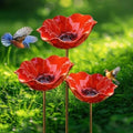 Metal Flower Garden Stakes with Bee Bath & Bird Water Bowl,Pollinator Watering Station,Hummingbird Bath Cup for Outdoor Yard Decor(RED,3PC) by Unknown