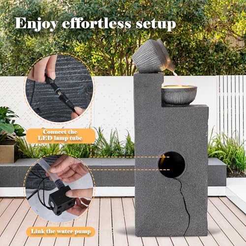 Water Fountain Outdoor, Modern Water Feature with LED Lights, 4-Tier Cascading Resin Waterfall Fountain, 32" Large Garden Fountains for Yard, Deck, Patio, Porch - Image 6
