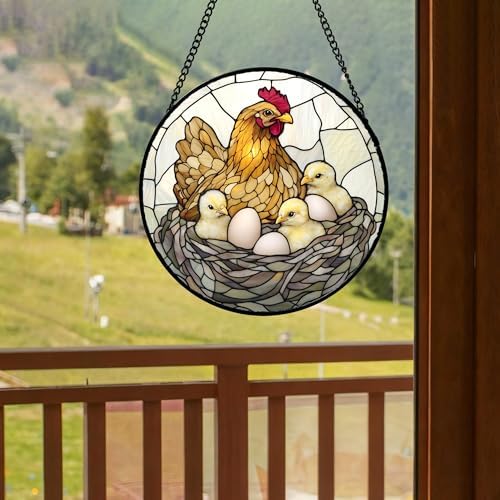 CHATYOUNG Stained Glass Window Hanging Hen Chicken Clocking 9.8" - Animal Suncatcher Door Garden Home Decor and Christmas Mother's Day Birthday Gift for Grandma Nana Women Mom Wife Farmer - Image 2