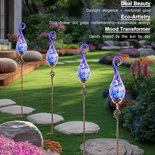Garden Solar Lights Outdoor, Decorative LED Pearlized Glass Spiral Garden Stake with Finial, Hand Blown Glass and Metal Outdoor Decoration, 3 x 36 Inch (Dark Blue) - Image 5
