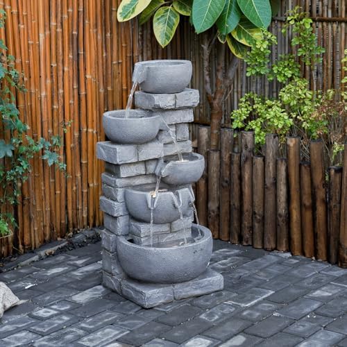 33.07'' H Cascading Bowl Water Fountain 5-Tier Stacked Stone Style - Image 5