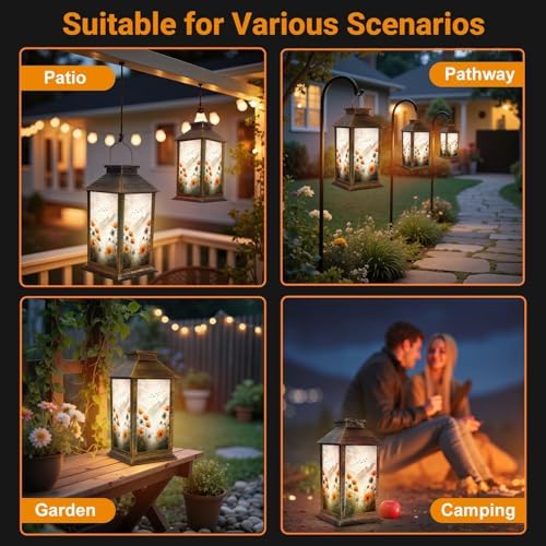 Solar Lantern Outdoor Waterproof Flowers Landscape Farmhouse Paintings Aesthetic Orange Grey Birds Garden Decor LED Solar Lights Hanging/Tabletop Lamp Gifts for Women Mom for Outside Yard Patio - Image 6
