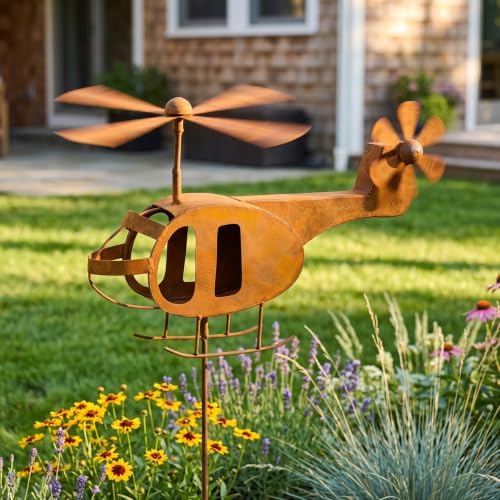 Rusty Metal Garden Decor Helicopter - Rustic Garden Decor for Outside Yard by Covwsei