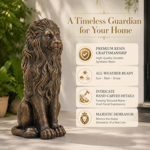 Resin Guardian Sitting Lion Statue, Weatherproof Outdoor Garden Decor - Image 4