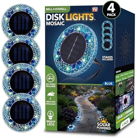 Bell+Howell 4 Pk Mosaic Solar Lights Outdoor LED Disk Pathway Lights, Blue by BellHowell