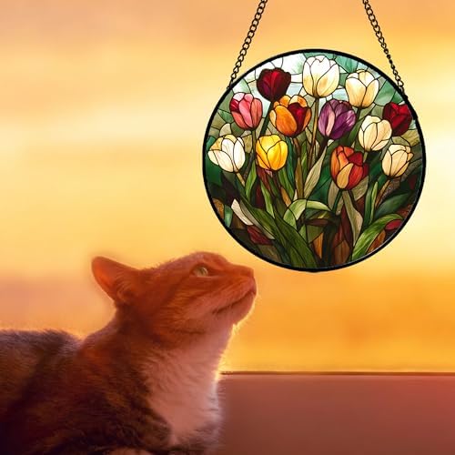 Tulip Bouquet Stained Glass Window Hanging Suncatcher Gifts for Women 12" - Image 2
