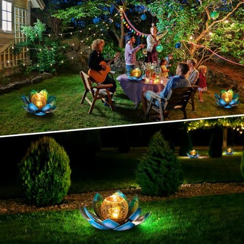 AIINY Solar Light Outdoor, Art Crackle Globe Glass Lotus Decoration, Solar LED Waterproof Blue Metal Flower Lights for Patio,Lawn,Walkway,Tabletop(2Pack) - Image 6