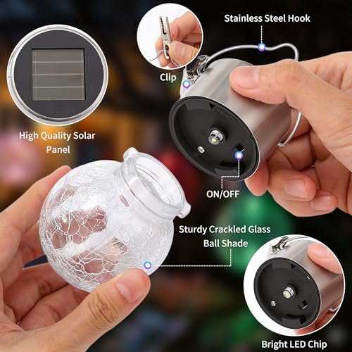 Outdoor Hanging Solar Lights, 12 Pack Multi-Color Changing Cracked Glass Hanging Ball Lights with Handle, Waterproof Solar Bulb Outdoor Garden for Balcony Tree Patio Yard Path Party Decoration - Image 3