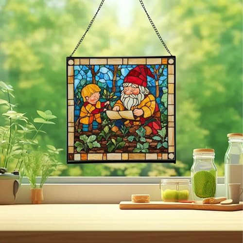 Gnome with Garden Planning Stained Glass Suncatcher – Square Hanging Window Panel for Home, Garden, Nursery, Halloween, Christmas, Memorial Day – Whimsical Glass Art Gift for Gnome Lovers iw0wde - Image 2