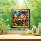 Gnome with Garden Planning Stained Glass Suncatcher – Square Hanging Window Panel for Home, Garden, Nursery, Halloween, Christmas, Memorial Day – Whimsical Glass Art Gift for Gnome Lovers iw0wde - Image 2