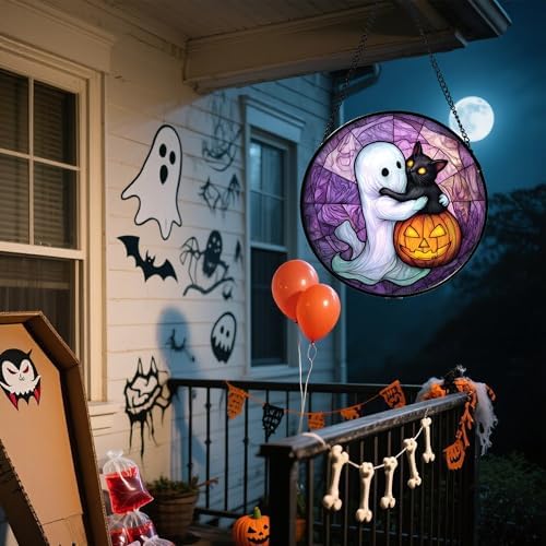 Ghost Cat Pumpkin Purple Stained Glass Window Hanging Suncatcher Gifts 9.8" - Image 4