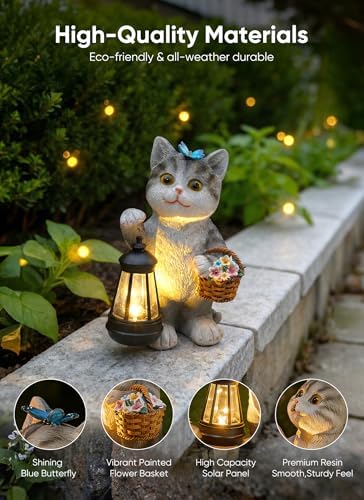 Brightown Solar Cat Garden Decor Statue with Solar Lantern Light, Hand-Painted Resin, IP65 Waterproof Outdoor Decor for Patio, Balcony & Yard Decorations, Unique Mothers Day Gifts for Mom Women - Image 4
