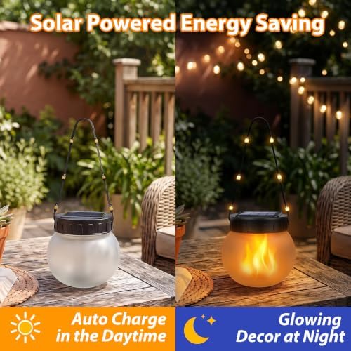 Solar Lights Outdoor Hanging Lantern with Glass Globe, Flame Effect 6-Pack - Image 3