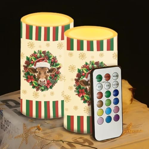 Christmas Highland Cow Battery Operated Flameless Candles with Timer Remote LED Candles Flickering for Indoor Outdoor Home Decorations Flameless LED Real Wax Lights - Image 5