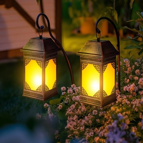 15.5" Solar Lanterns Outdoor Waterproof, Glass Flickering Flame Solar Lantern, Hanging Metal Lantern Decorative for Patio Front Porch Garden Backyard Tabletop Party Decoration - Image 4