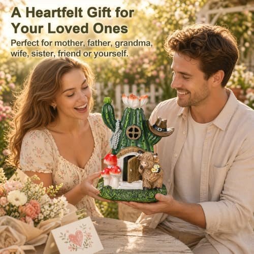 Fairy House Outdoor Figurine Lights, Highland Cow Garden Statue and Solar Cactus Mushroom House for Yard Patio Lawn Decor, Fairy Houses for Outside, Unique Garden Gifts for Women Mom - Image 7