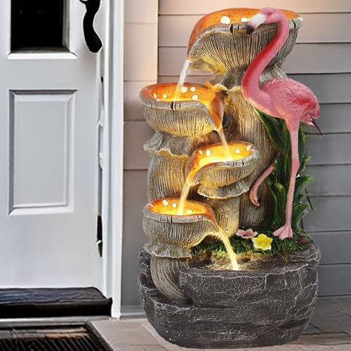 5 Tier Outdoor Indoor Water Feature Fountain, Flamingo Ornamental Cascading Waterfall with 5 LED Lights for Garden, Deck, Backyard, Patio - Image 3