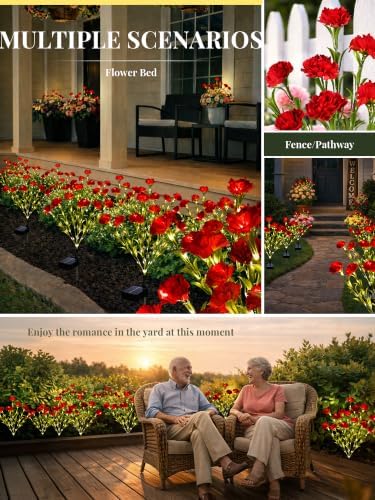 GIGALUMI 4 Pack Solar 28 Carnations Flowers Outdoor, 2 Modes, Red - Image 6
