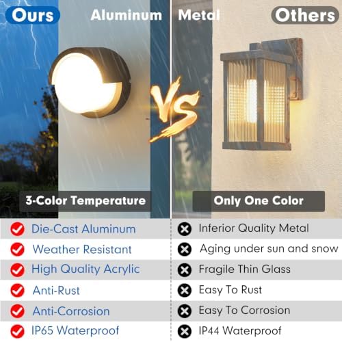 Aiwewin 1 Pack Outdoor Wall Sconces, 6 Inch Modern Round LED Exterior Light Fixtures, 1200LM 3CCT Selectable (3000K/4000K/6000K), IP65 Waterproof Black Aluminum Porch Lights for Garage, House, Garden - Image 2