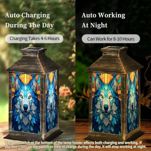 Solar Lantern Geometric Wolf Head Stained Outdoor Waterproof Garden Hanging Lantern Solar Powered Lighting Outside Solar Light for Patio Yard Camping, Gifts for Women Mom - Image 4