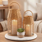 2 Pack Rattan Lanterns Boho Decor 10" 8", Handwoven Wicker Outdoor Patio Decor with Handle, Woven Lamp Shades for Home, Front Porch, Tabletop, Indoor Decoration by Yoojahow