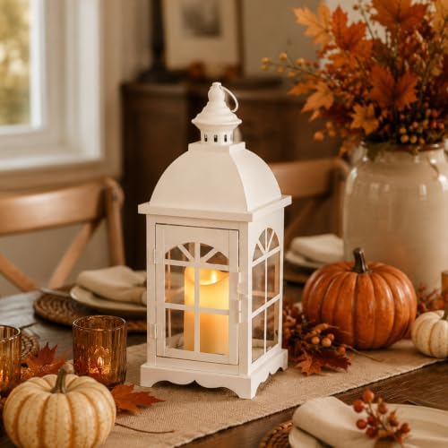 TRIROCKS Decorative Vintage Candle Lanterns 14.5" H Farmhouse Outdoor Hanging Lanterns with Tempered Glass for Porch, Balcony, Patio, Home, Centerpieces, Indoor, Outdoor(White) by TRIROCKS