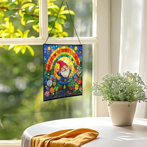 Gnome Under Rainbow Arch Stained Glass Suncatcher – Square Hanging Window Panel for Home or Greenhouse – Whimsical Glass Art Gift for Garden Lovers, Christmas, Halloween, Father Days EA6rv4 - Image 3