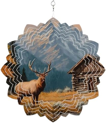 10 Inch Elk Cabin Wind Spinner for Yard and Garden, Wilderness Autumnal Snow-Capped Mountains Hanging Ornaments Outdoor 3D Kinetic Wind Sculpture Spinners Indoor Outdoor Patio Décor Ornaments Gift by Unknown