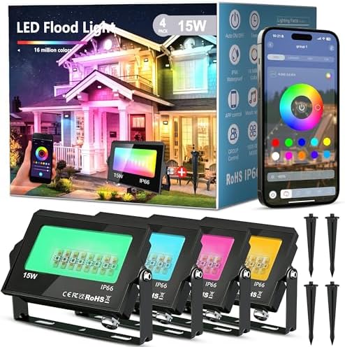 LED Flood Light Outdoor,RGB Waterproof (IP66) Flood Light with APP Control,15W Outdoor Color Changing with DIY Scene and Music Mode, Christmas Floodlights for Patio Courtyard Stage Weddings (4pack) by Monococo