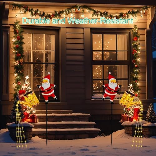 2 Pack Solar Christmas Lights Outdoor - Creative Santa Claus with Watering Can Solar Lights, Metal Waterproof Garden Stake Lights for Yard, Lawn, Patio, Pathway Holiday Decor (Warm White) - Image 4
