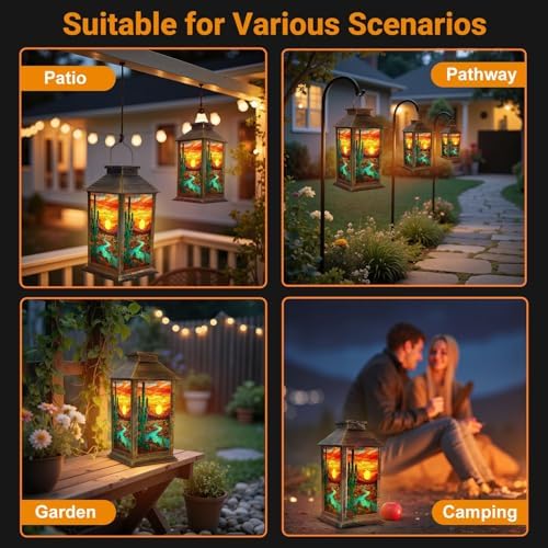 Solar Lantern Outdoor Waterproof Desert Landscape Saguaro Cactus Flowing River Stained Glass Style Garden Decor LED Hanging Solar Lights Tabletop Lamp Gifts for Women Mom Outside Yard Patio Porch - Image 6