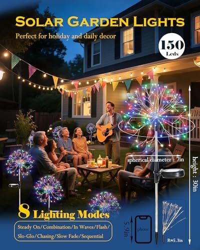 Solar Garden Lights Outdoor Yard Decorations, 4 Pack 150Leds Pathway Light, Fairy Firework Stake Lights for Garden, Patio, Pathway, Flowerbed Multicolor - Image 2