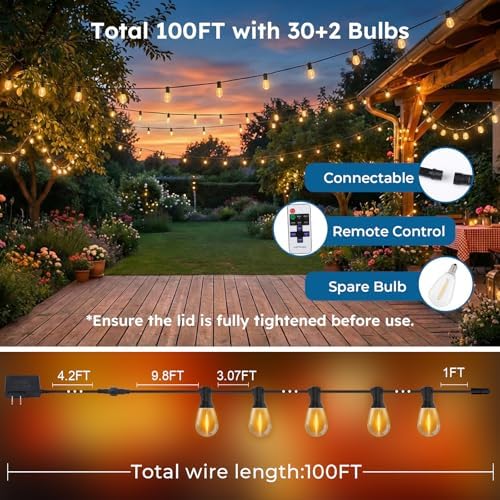 GvvooHome 100FT Outdoor String Light with S11 Plastic Bulbs, Low-Voltage LED Patio Light with App & Remote, Music Sync, 4 Lighting Modes, Dimmable & Waterproof for Backyard, Porch, Garden, Deck, Party - Image 7