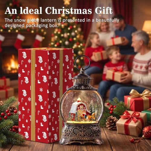 Christmas Snow Globe Lantern with Santa Carriage and Red Barn, Musical Lighted Water Lantern with Swirling Glitter, 6H Timer, USB Powered or Battery Operated, Vintage Tabletop Christmas Decor Gift - Image 5