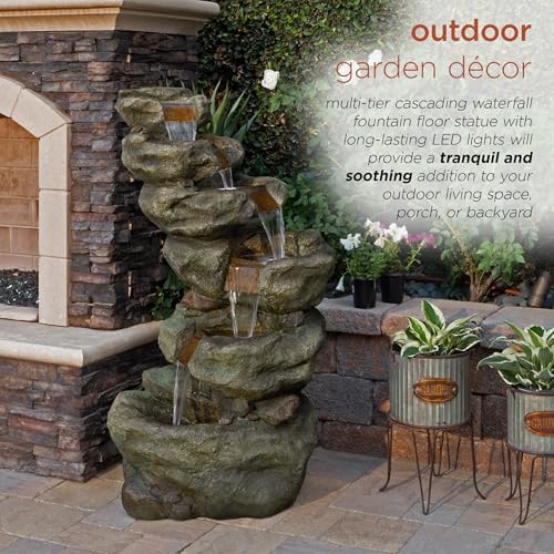 Alpine Corporation 48" Tall Multi-Tier Rock Waterfall Fountain with Cool White LED Lights, Outdoor Water Feature for Backyard, Patio & Garden Decor, Gray - Image 4