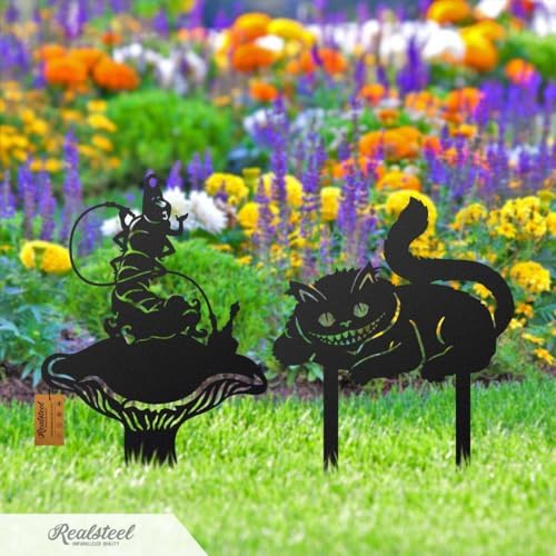 Alice in Wonderland Garden Stakes – Set 3: Caterpillar & Cheshire Cat – RealSteel Original – Rust or Black Outdoor Decor – Weatherproof American Steel – Made in USA (Rust) - Image 4