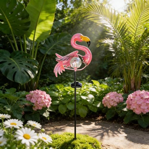 Pink Flamingo Lawn Light Garden Decor Solar Lights, for Yard Outdoor Decorations Ground Inserted Outdoor Waterproof Garden Lamp with Crackle Glass Ball LED (Warm White) - Image 3