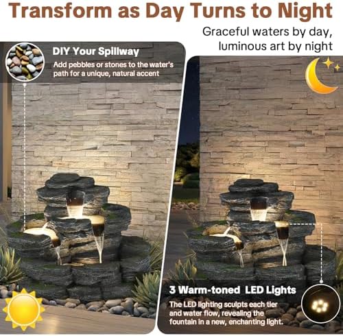 HOMEDIARY 4-Tier Outdoor Water Fountain, 29.7" L Rustic Rock Waterfall Fountain with LED Lights, Stone Texture Floor-Standing Resin Water Feature with Realistic Moss Accents for Patio, Porch & Indoor - Image 7