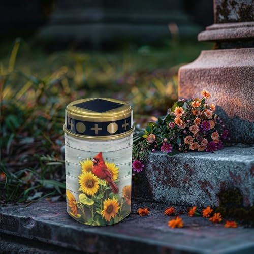 Poceacles Cardinal Sunflower Wood Grain Solar Lights Outdoor Solar Powered Outdoor Cemetery Stake Candle Grave Solar Lamp Landscape Lighting Waterproof Grave Flameless Candle, Pack of 2 - Image 3